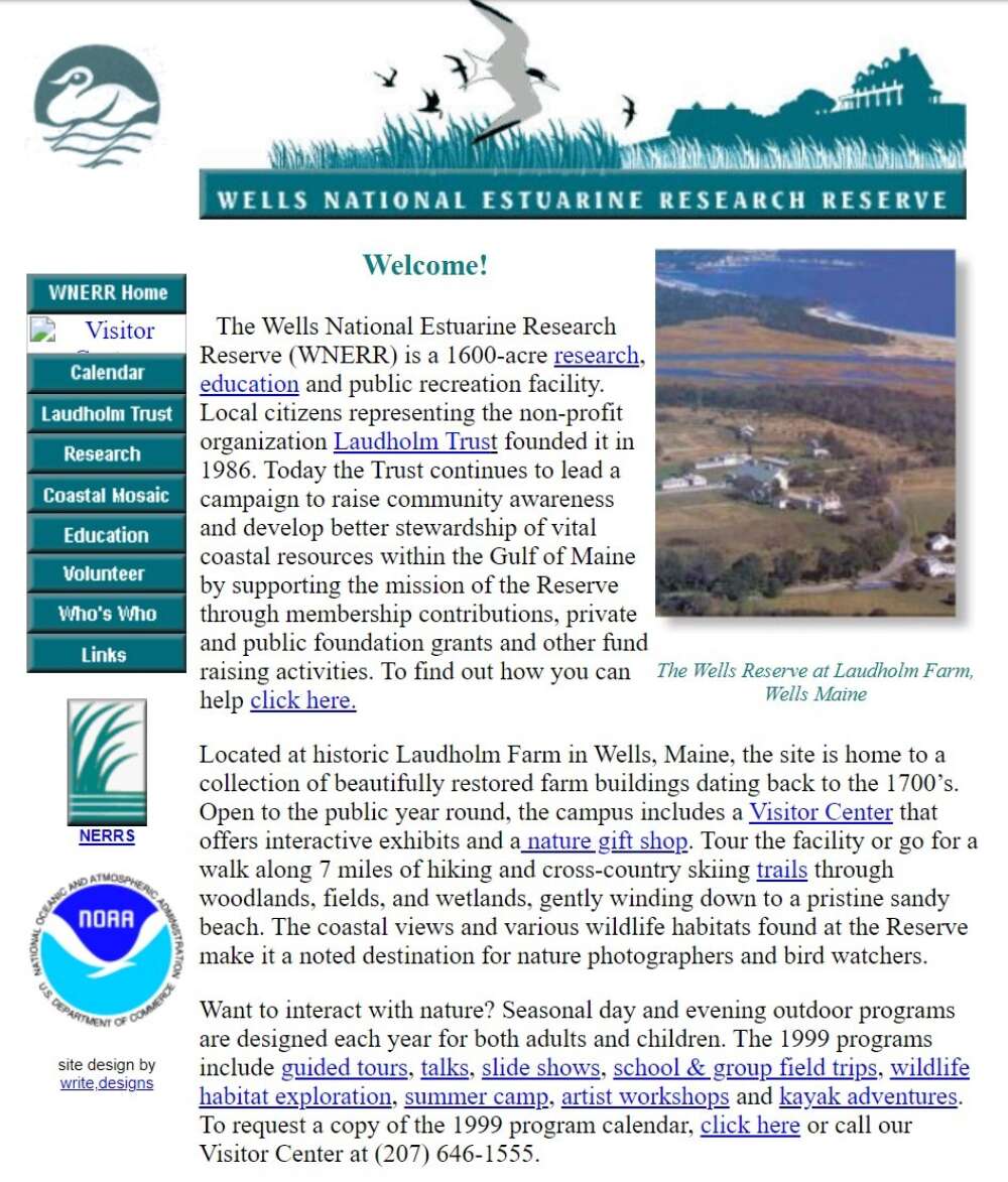 A screenshot of a Wayback Machine capture of wellsreserve.org/index.htm with text, graphics, navigation buttons, and an aerial photo..