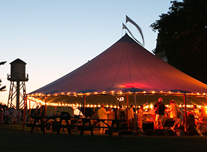 Twilight celebration. Water tower and party under the tent.