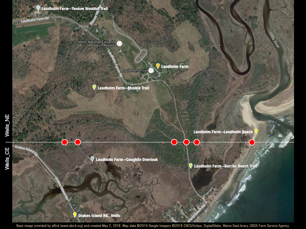Composite map showing eBird hotspots and the border between two Maine Bird Atlas blocks.