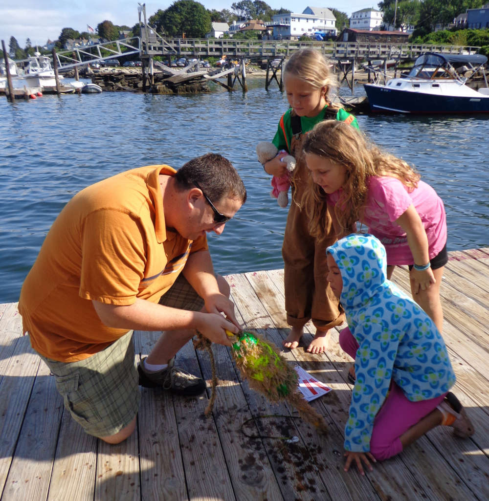 Jeremy Miller shows invasive species to three eager schoolchildren.