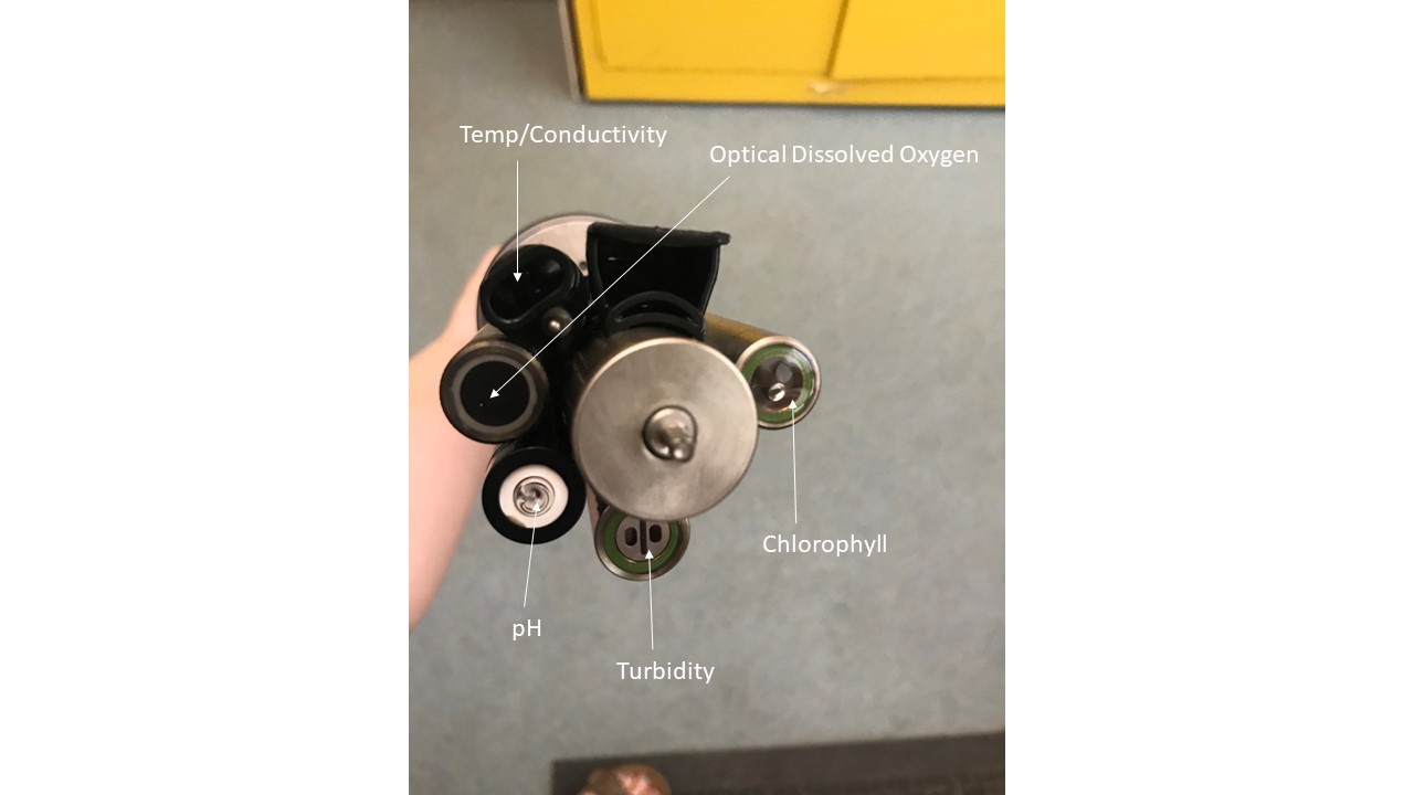 EXO 2 data sonde with various probes labeled.