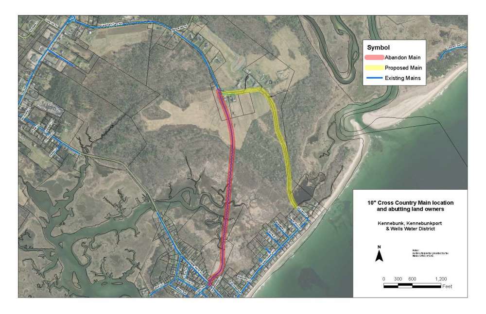 Annotated satellite photograph showing water mains, the obsolete waterline, and the new waterline.